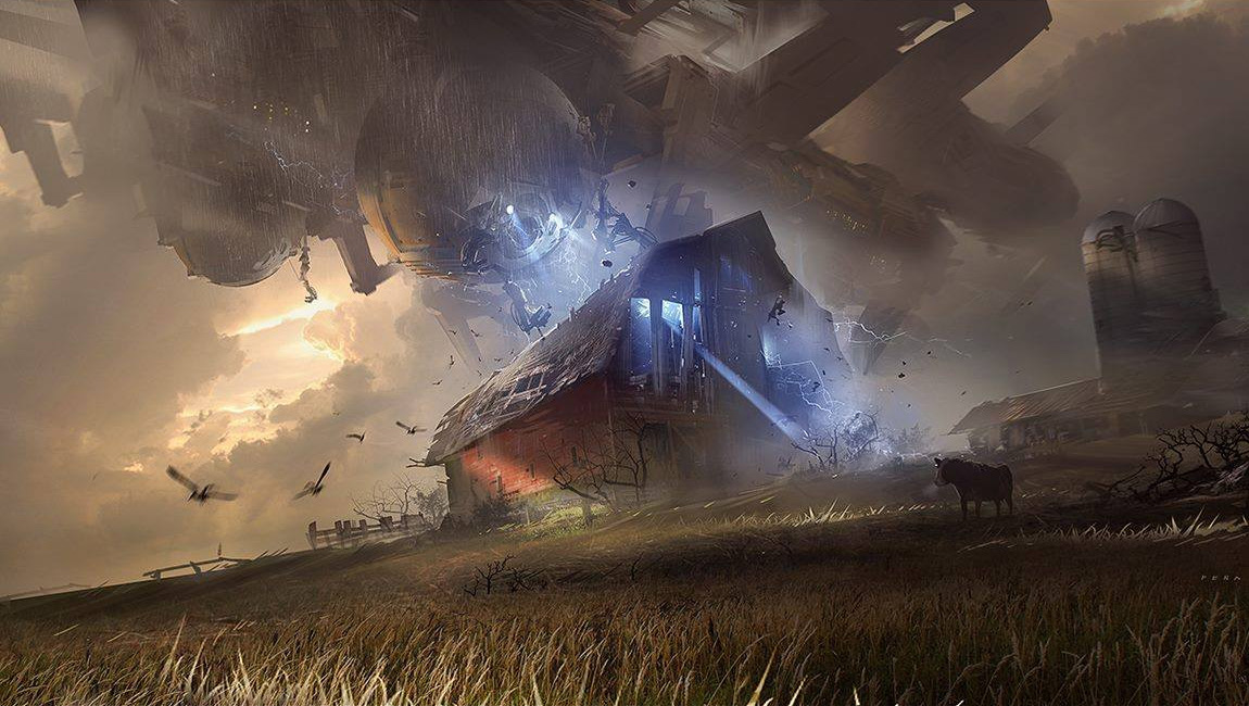 A giant ship hovers above a traditional red barn and pierces it with a blue beam - as in all space operas, the farm must be crisped to provide some appropriate angst.