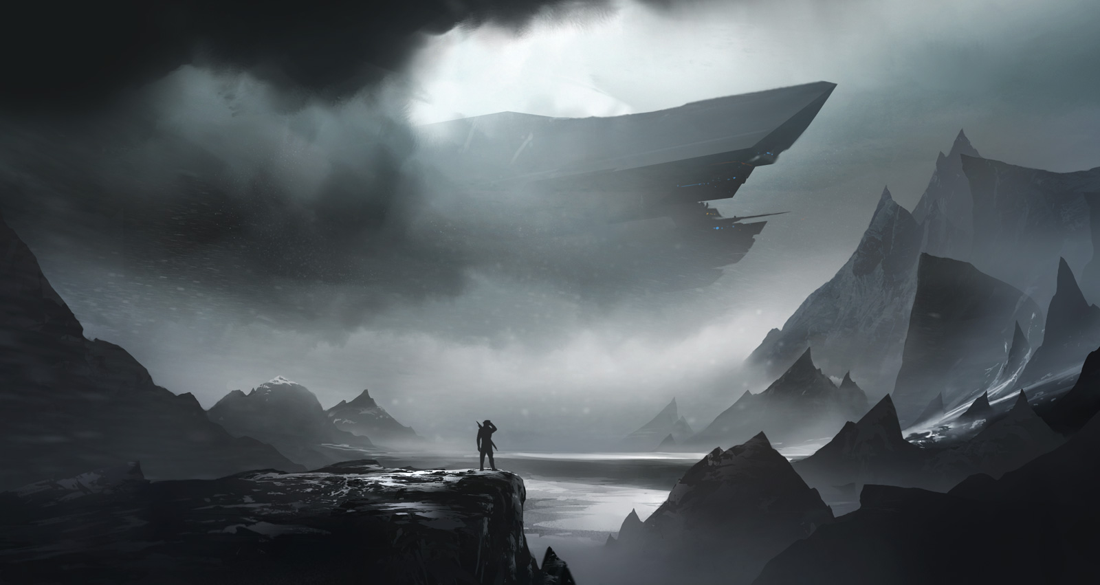 The prow of the carrier broke through the clouds, and he paused on the cliff, wondering if he could make it across the expanse of ice before he was spotted. Space opera in the arctiiiiic!
