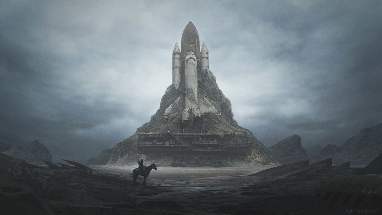 The relic of the space shuttle, transformed into a castle with a knight in the foreground, is a great example of good space opera. Neither fantasy nor pure science fiction, but a combination of imagination, adventure, and what if.